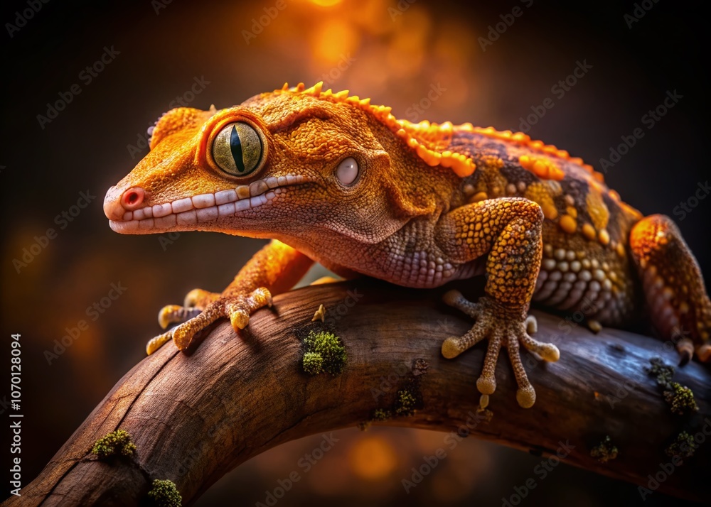 Naklejka premium Captivating Low Light Photography of a Spotted Crested Gecko in Its Natural Habitat, Showcasing Unique Patterns and Colors, Perfect for Nature and Wildlife Enthusiasts