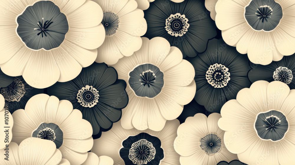 Obraz premium Floral pattern with geometric petals in black and cream tones