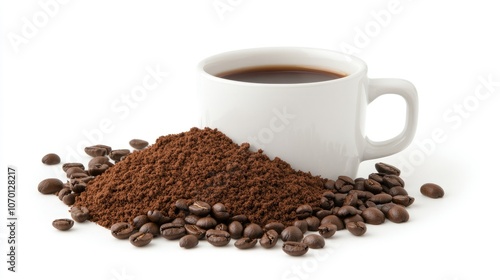 White coffee mug surrounded by a small pile of ground coffee beans, on a plain white background, emphasizing the contrast of colors and textures.