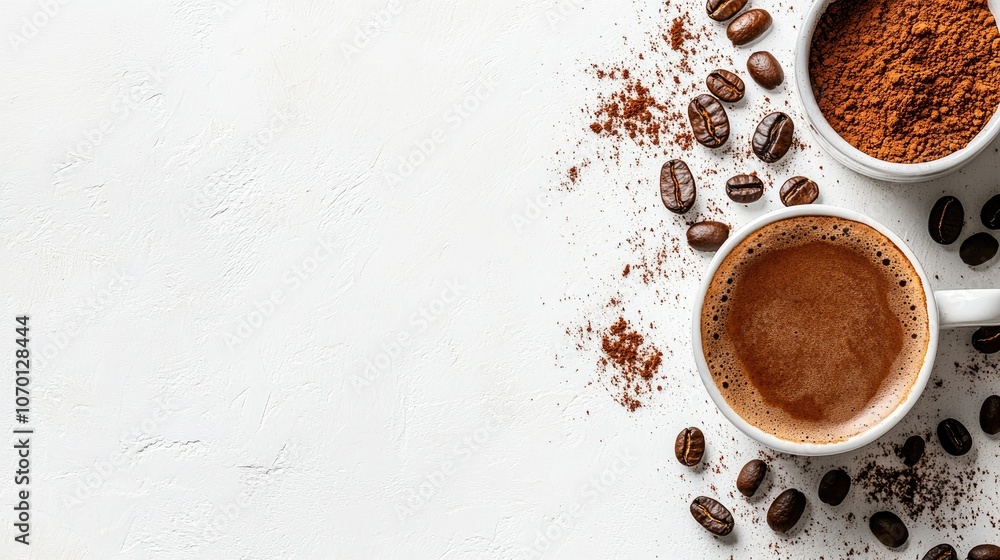 White coffee mug with ground coffee beans, placed on a white background for a clean and inviting coffee scene. White coffee mug with ground coffee beans, placed on a white background for a clean and inviting coffee scene.