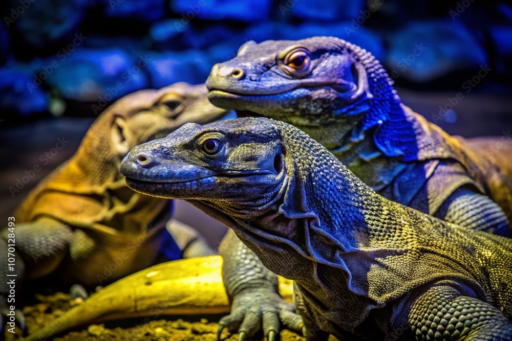 Obraz premium Captivating Low Light Photography of Komodo Dragons in Their Natural Habitat, Showcasing Their Unique Features and Behaviors Under a Mysterious Night Sky