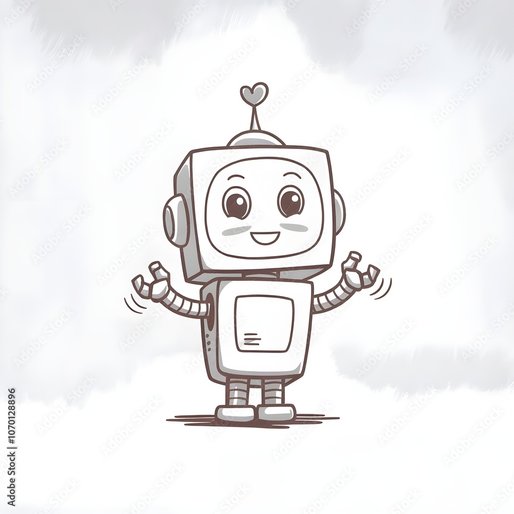 Naklejka premium cartoon illustration of a small, boxy robot with round eyes, a smiley face
