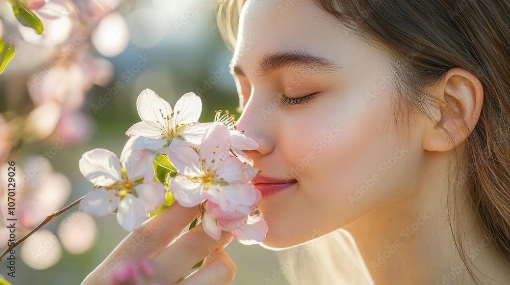 Young woman enjoying the fragrance of blooming flowers in a sunny garden setting Young woman enjoying the fragrance of blooming flowers in a sunny garden setting