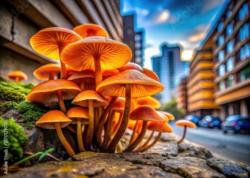 Close-Up of Delicate Orange Mushroom Caps in Urban Environments, Nature's Beauty Amidst Concrete, Vibrant Fungi, Macro Photography, Urban Exploration, Natural Wonders, Cityscapes photo