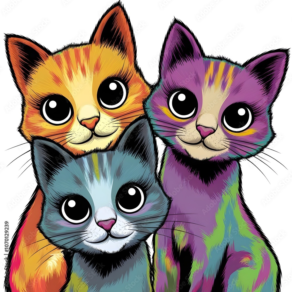 Obraz premium illustration of three adorably stylized colorful cats. 