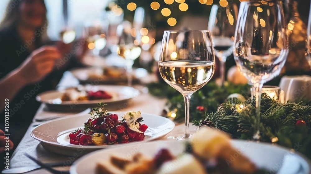 Fototapeta premium Festive Holiday Gathering, friends enjoying a vibrant table filled with seasonal dishes, celebrating warmth, joy, and togetherness during the holidays