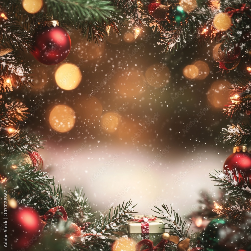 Christmas Frame Decoration with Fir Branch and Bauble with Copy Space at Center, Square Christmas Banner with Christmas Ball Fir Branch and Snow Falling at Background Christmas Frame Decoration with Fir Branch and Bauble with Copy Space at Center, Square Christmas Banner with Christmas Ball Fir Branch and Snow Falling at Background