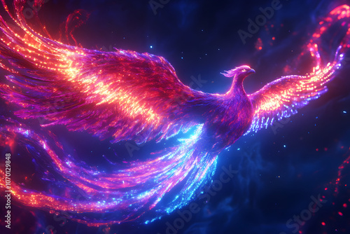 A glowing, vibrant phoenix bird flies through a starry night sky, its wings ablaze with fiery energy.
