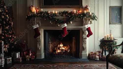 Festive Fireplace Mantel, a cozy holiday scene showcasing a beautifully adorned mantel, filled with stockings, glowing candles, and cheerful ornaments, radiating warmth and joy.