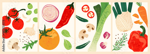 Mix of organic vegetables. Fresh farm food with green leaves, hand drawn colorful natural ingredients for salad cooking, modern posters. Vector vegetarian food set
