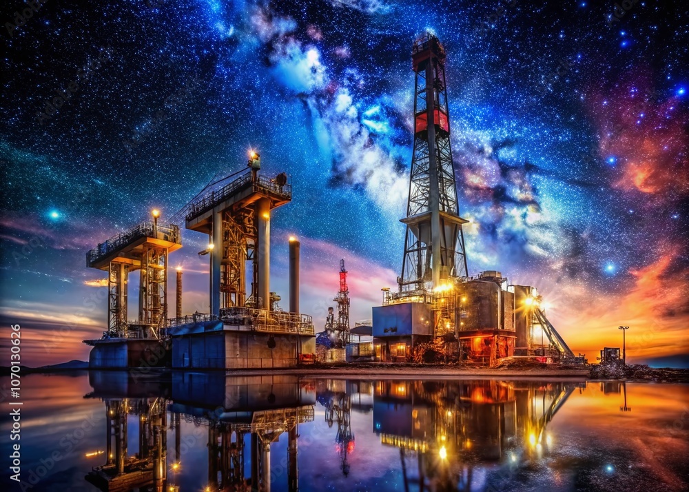 Captivating Night Photography of Oil Drill Pipes and Rig in Action Under a Starry Sky with Illuminated Machinery Highlighting the Industrial Landscape and Energy Production Captivating Night Photography of Oil Drill Pipes and Rig in Action Under a Starry Sky with Illuminated Machinery Highlighting the Industrial Landscape and Energy Production