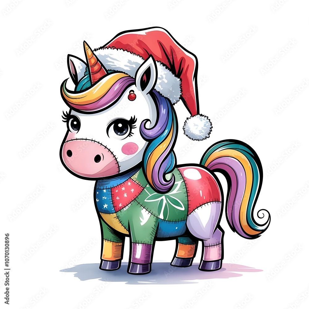 Obraz premium Watercolor of a kawaii, patchwork Unicorn wearing a matching Santa hat. illustration
