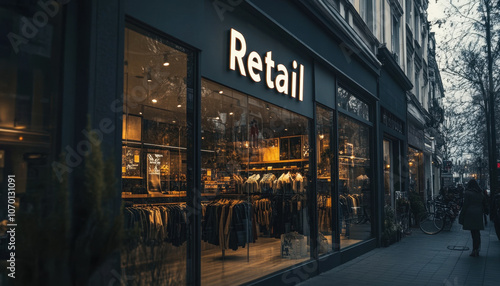 Warmly lit retail store exterior with stylish clothing display, inviting evening ambiance, and glowing storefront signage on a bustling city street.