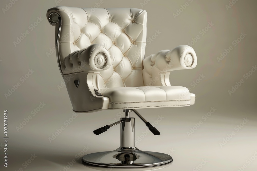 Comfortable white leather barber chair standing in an empty room with beige walls Comfortable white leather barber chair standing in an empty room with beige walls