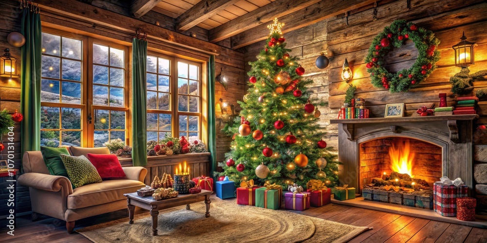Cozy Rustic Living Room with Decorated Christmas Tree and Presents Underneath, Featuring a Fireplace and Two Windows Cozy Rustic Living Room with Decorated Christmas Tree and Presents Underneath, Featuring a Fireplace and Two Windows