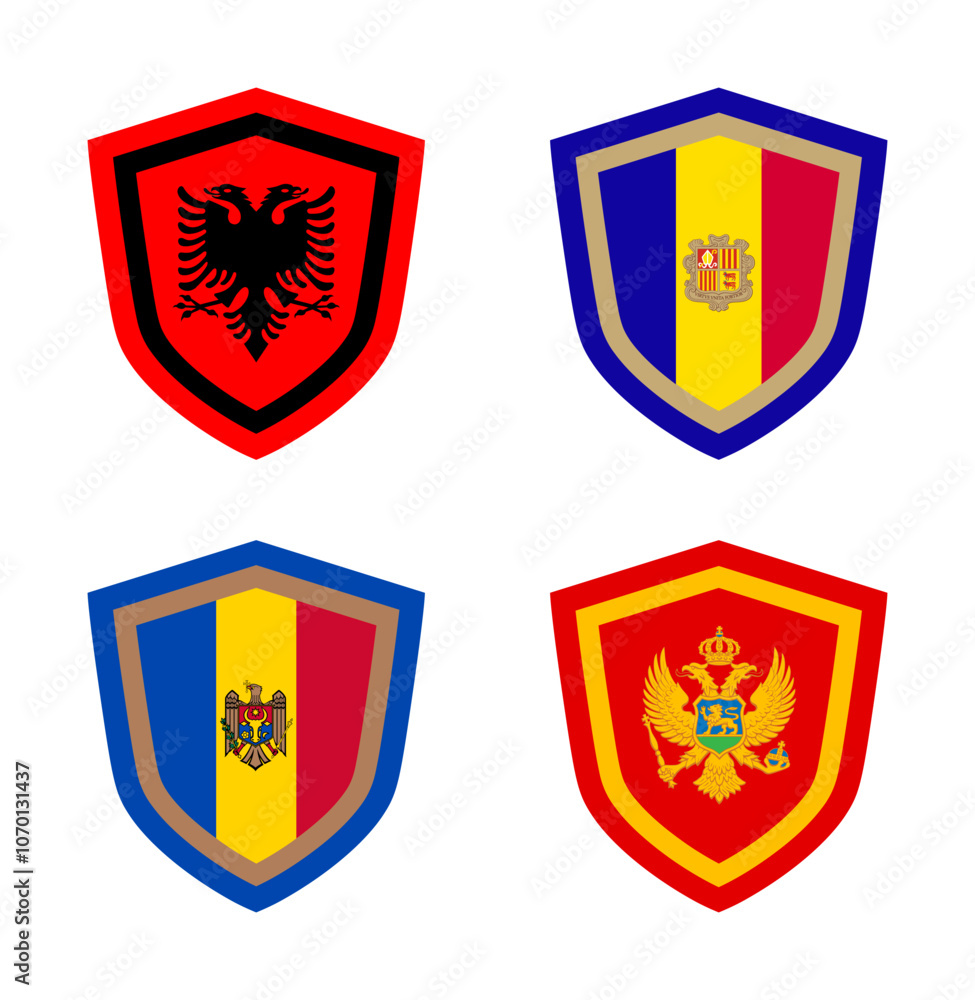 vector set of shield icon badge - flag nation (albania, andorra, moldova, montenegro) vector set of shield icon badge - flag nation (albania, andorra, moldova, montenegro)