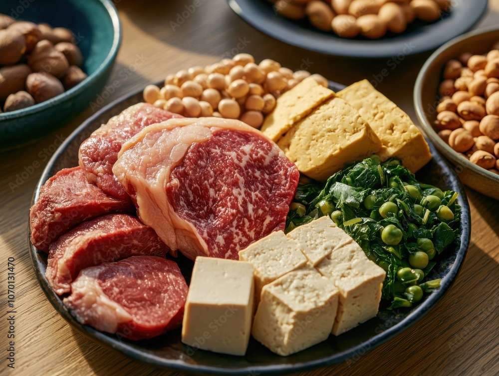 A vibrant platter featuring various meats, tofu, vegetables, and nuts, showcasing a rich variety of textures and colors ideal for a nutritious meal. A vibrant platter featuring various meats, tofu, vegetables, and nuts, showcasing a rich variety of textures and colors ideal for a nutritious meal.