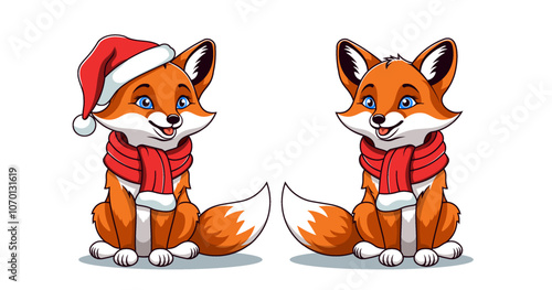 Vector cartoon cheerful smiling cute sitting cuddly orange foxy in red scarf and hat Santa Claus. Merry Christmas and Happy New Year. Isolated white background.