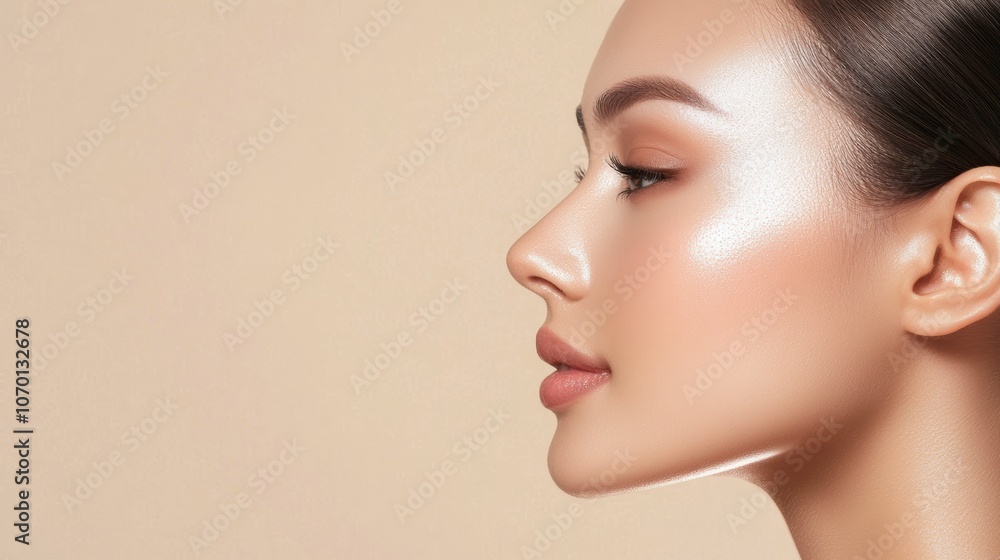 A profile view of a woman showcasing her radiant, glowing skin against a soft beige background. A profile view of a woman showcasing her radiant, glowing skin against a soft beige background.