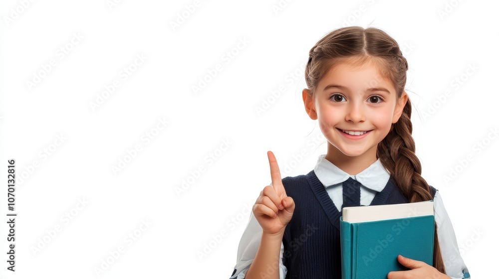 Cute child pointing at a textbook, isolated on white. Schoolgirl portrait with a banner header. School child's face with copyspace. Cute child pointing at a textbook, isolated on white. Schoolgirl portrait with a banner header. School child's face with copyspace.