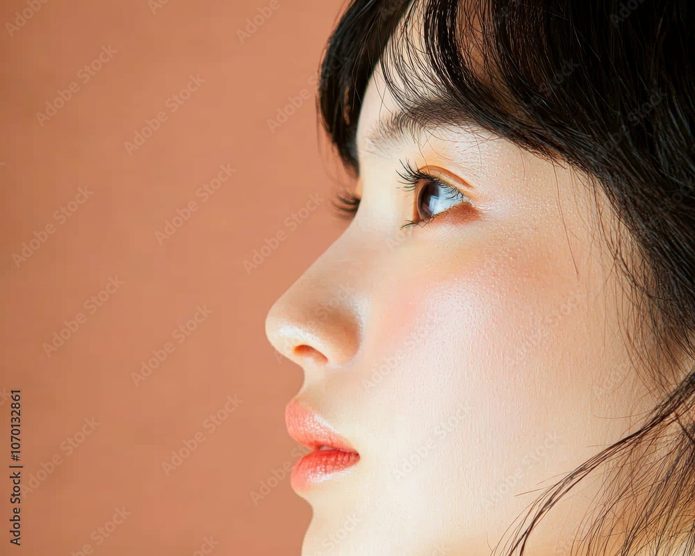A profile portrait of a woman with delicate features, gazing thoughtfully against a warm, peach-colored background, showcasing her natural beauty and elegance. A profile portrait of a woman with delicate features, gazing thoughtfully against a warm, peach-colored background, showcasing her natural beauty and elegance.