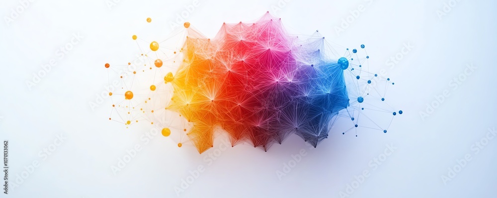 Fototapeta premium Hexagonalshaped colorful brain with interconnected data points on a white background, symbolizing artificial intelligence, geometry, and advanced AI technology
