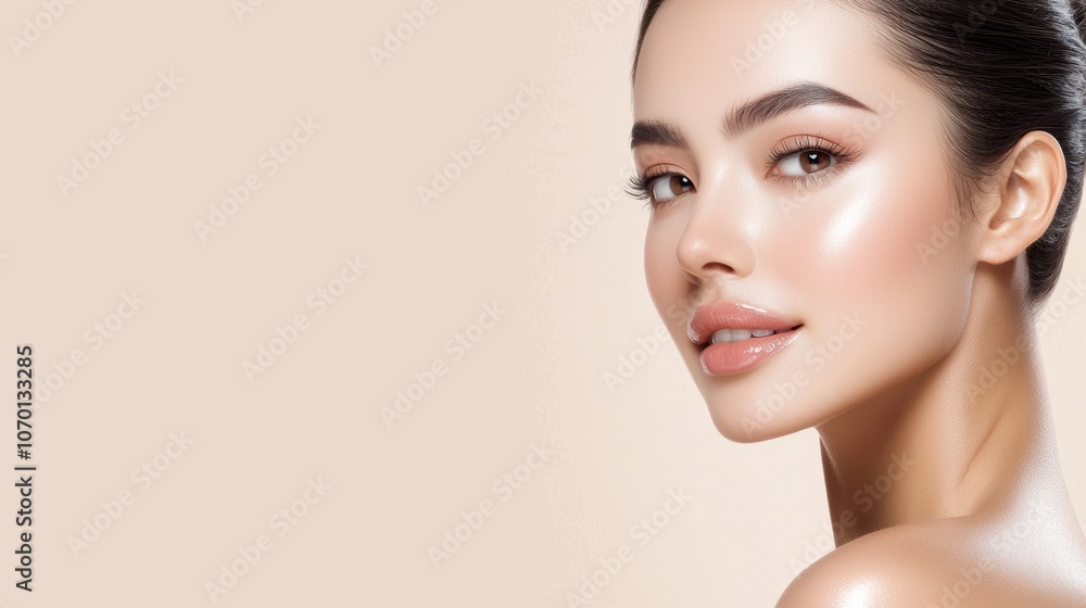 Obraz premium A glowing, elegant woman showcases flawless skin and a natural beauty, against a soft, neutral background.