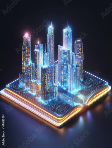 a fantastic holographic city growig from an open book photo