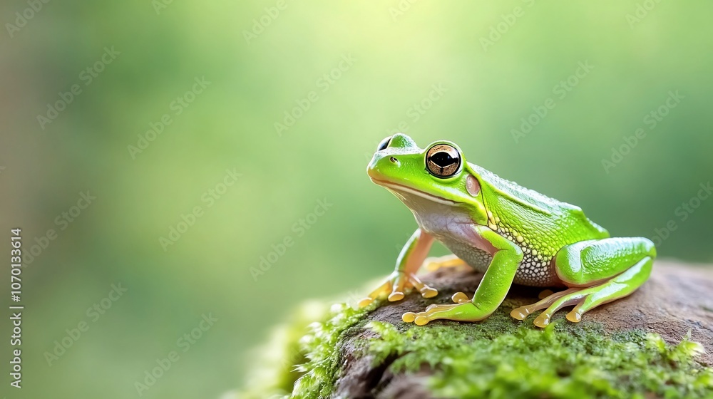 A green tree frog perched on a mossy log with a blurred green background. A green tree frog perched on a mossy log with a blurred green background.