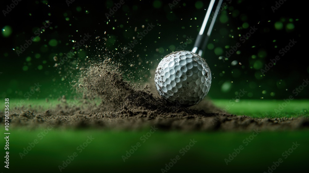 Experience the thrill of a golf club striking a ball and sending dirt flying in this close-up shot