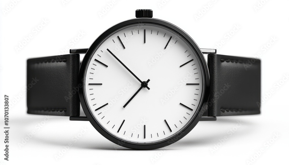 Stylish black wristwatch with minimalistic design and leather strap on a white background Stylish black wristwatch with minimalistic design and leather strap on a white background