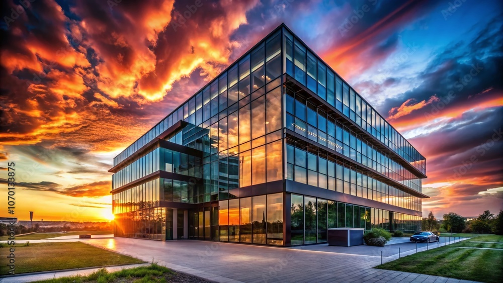 Captivating Silhouette of a Modern Business Building Against a Sunset Sky, Representing Innovation and Growth of GmbH Co KG in a Corporate Setting Captivating Silhouette of a Modern Business Building Against a Sunset Sky, Representing Innovation and Growth of GmbH Co KG in a Corporate Setting
