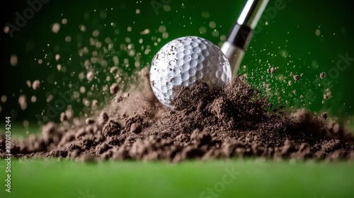 Obraz na płótnie Golf club strikes ball on dirt capturing the perfect moment of impact in sports photography w salonie