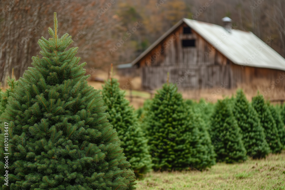 Christmas Tree Farm with a rustic barn in the background Christmas Tree Farm with a rustic barn in the background