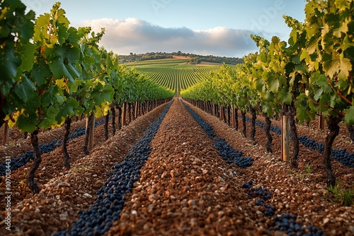 Vibrant vineyard landscape with lush green vines and ripe grapes in rows at sunset