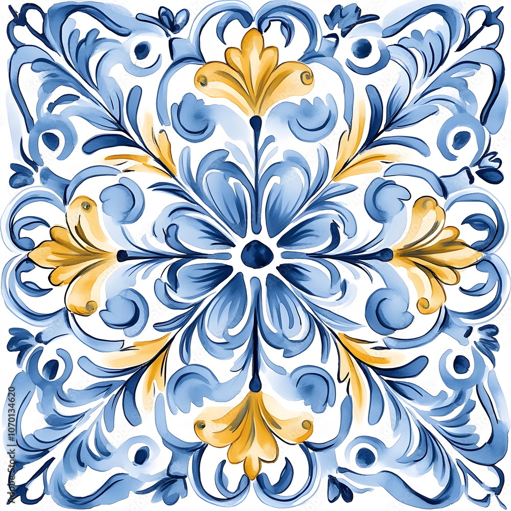 Fototapeta premium Italian floral pattern on white background with blue and yellow stylized plants, repeating folk motif in Mediterranean style, ceramic tile