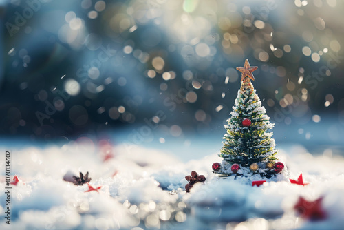 Christmas tree decorated with Christmas ornament and snow with bokeh light, tilt-shift lens effect. Christmas background with copy space photo