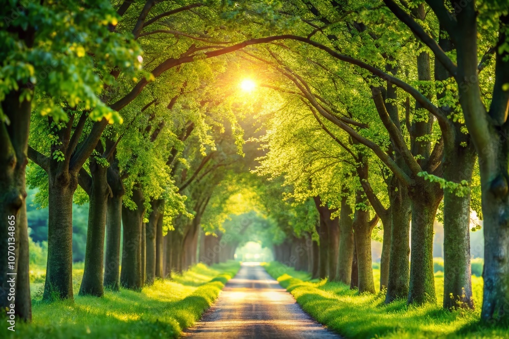 Fototapeta premium Captivating Summer Pathway Surrounded by Lush Green Foliage, Inviting Tree Alley View with a Dreamy Bokeh Effect for a Serene Natural Experience