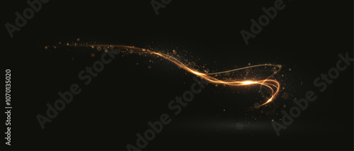 Gold curved light line, rope, tape. Smooth festive gold line png with light effects. Light golden Twirl png. Curve light effect of golden line.