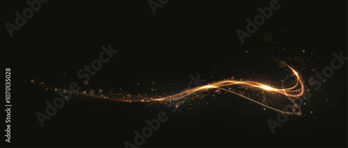 Gold curved light line, rope, tape. Smooth festive gold line png with light effects. Light golden Twirl png. Curve light effect of golden line.