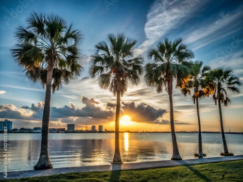 Captivating Sunset Silhouette at Bayfront Park in Sarasota, Florida, Featuring Palm Trees, Tranquil Waters, and Scenic Views for Nature and Travel Enthusiasts
