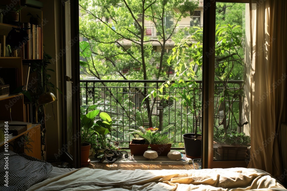 Sun shining through an open balcony door onto lush green plants in an urban apartment Sun shining through an open balcony door onto lush green plants in an urban apartment