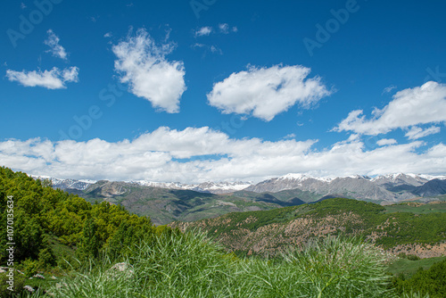 Green plains, snowy mountains. Blue sky and snowy mountains. Snowy mountains of Tunceli. Pülümür Valley, Buyer Mountain, Sarıgül Plateau, Buyer Waterfall.Munzur, Tunceli, Türkiye.
 photo