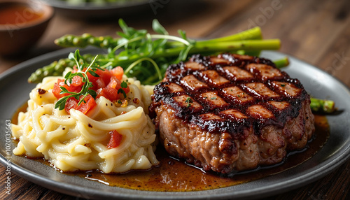 Grilled steak with pasta and vegetables on dark plate