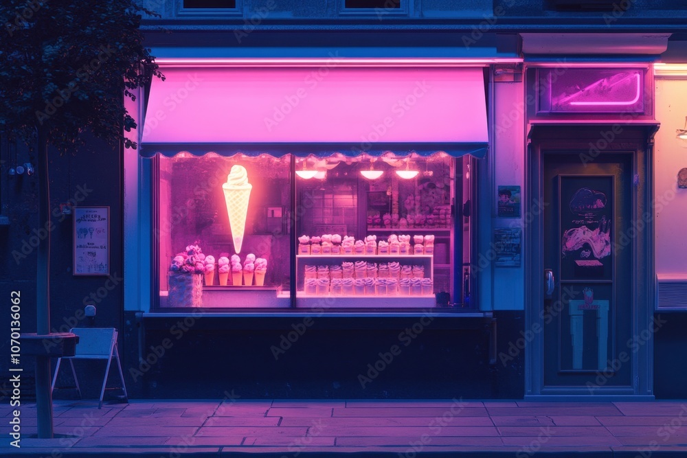 Fototapeta premium A nighttime city scene with a neon-lit ice cream shop window glowing brightly