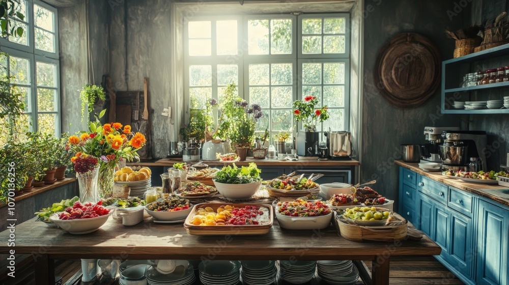Rustic dining room with farmhouse buffet showcasing vibrant salads and desserts, inviting atmosphere enhanced by warm, soft light filtering through large windows Rustic dining room with farmhouse buffet showcasing vibrant salads and desserts, inviting atmosphere enhanced by warm, soft light filtering through large windows