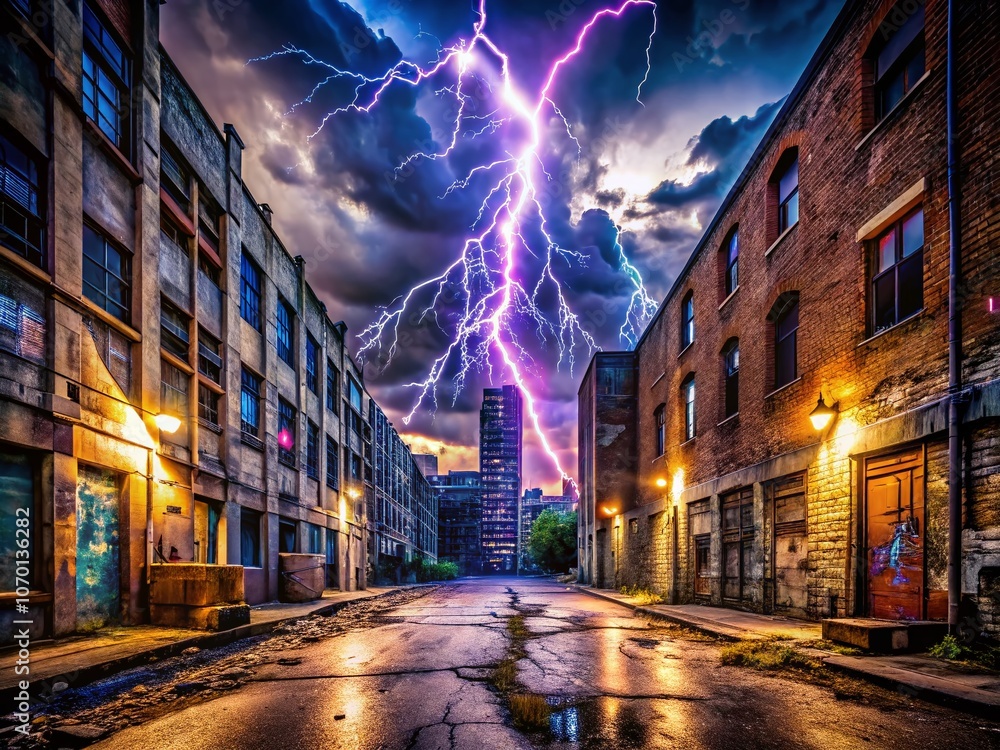 Fototapeta premium Captivating Urban Exploration Photography Featuring a Striking Lightning Icon Amidst Gritty Cityscape Backdrops for Creative Projects and Visual Storytelling
