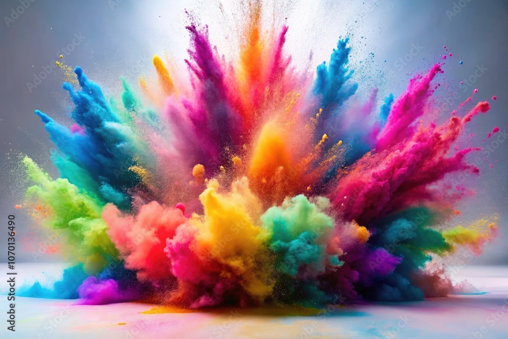 Fototapeta premium Explosive Multicolored Powder Splashes in Low Light for Stunning Holi Celebration Imagery