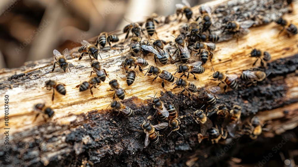 A close-up of a swarm of bees clustered on a dead tree branch. A close-up of a swarm of bees clustered on a dead tree branch.