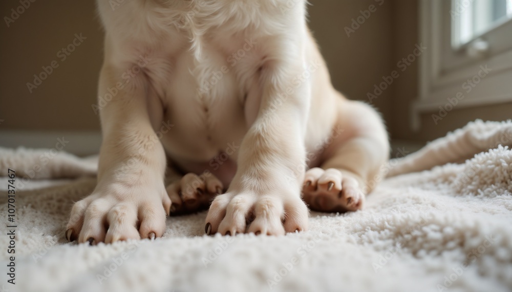 Close-up of puppy paws on soft blanket indoors. Tiny puppy feet. Puppy paw pads Close-up of puppy paws on soft blanket indoors. Tiny puppy feet. Puppy paw pads